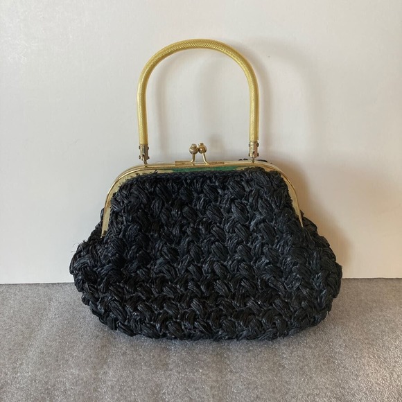 Vtg 60s Gaymode Woven Black Plastic Straw Purse Retro Hand Bag Footed Japan - Picture 1 of 8
